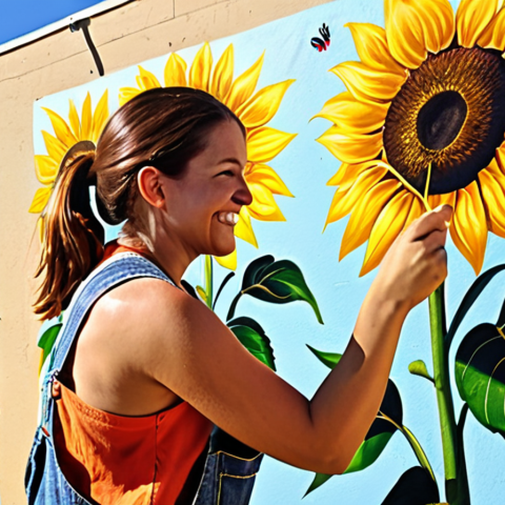 **

A woman confidently painting a vibrant mural on a previously drab wall. The mural depicts blooming sunflowers under a clear, sunny sky. She's smiling, and the overall scene evokes feelings of empowerment and transformation. The style should be bright, uplifting, and slightly impressionistic. Consider adding elements like her wearing paint-splattered overalls and having a "si se puede" (yes, you can) banner in the background.

**