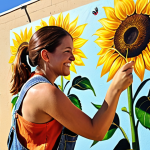 **

A woman confidently painting a vibrant mural on a previously drab wall. The mural depicts blooming sunflowers under a clear, sunny sky. She's smiling, and the overall scene evokes feelings of empowerment and transformation. The style should be bright, uplifting, and slightly impressionistic. Consider adding elements like her wearing paint-splattered overalls and having a "si se puede" (yes, you can) banner in the background.

**
