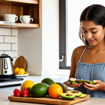 **

"A vibrant, sunlit image showcasing a young Latina woman mindfully preparing a healthy breakfast (e.g., avocado toast with fresh fruit) in a modern, stylish kitchen. The focus is on the act of conscious choice and self-care, conveying a sense of well-being and empowerment. Incorporate elements that resonate with a Spanish-speaking lifestyle, such as a 'cafetera' or traditional pottery."

**