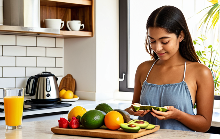 **

"A vibrant, sunlit image showcasing a young Latina woman mindfully preparing a healthy breakfast (e.g., avocado toast with fresh fruit) in a modern, stylish kitchen. The focus is on the act of conscious choice and self-care, conveying a sense of well-being and empowerment. Incorporate elements that resonate with a Spanish-speaking lifestyle, such as a 'cafetera' or traditional pottery."

**