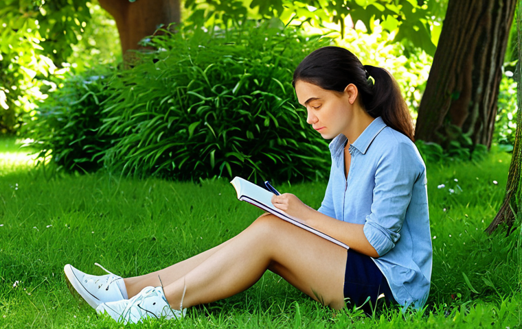 **
"A woman with a thoughtful expression, fully clothed in casual attire, sitting in a sunlit park, notebook in her lap, pen in hand, surrounded by lush greenery, considering her values, safe for work, appropriate content, perfect anatomy, natural proportions, professional, modest, family-friendly"
**