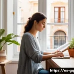 의식적 선택 훈련을 통한 자기 성장 - A serene and cozy home office scene in a modern Spanish apartment, featuring a young adult woman pra...