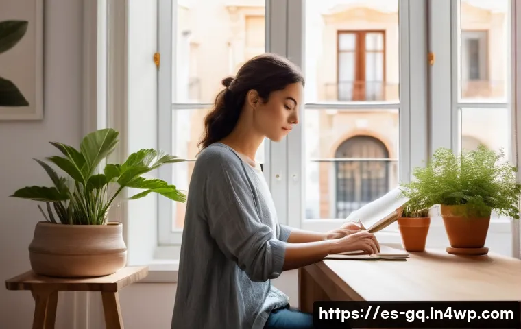 의식적 선택 훈련을 통한 자기 성장 - A serene and cozy home office scene in a modern Spanish apartment, featuring a young adult woman pra...