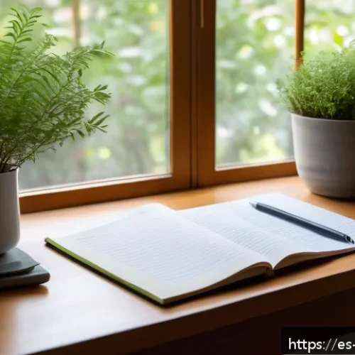 의식적 선택 훈련 과정의 개인적 성장 - A serene home office scene featuring a tidy desk with a notebook open to a handwritten pros and cons...