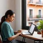 의식적 선택 훈련과 자기 효능감 - A serene and cozy home office setting in a modern Spanish apartment, featuring a young adult woman p...