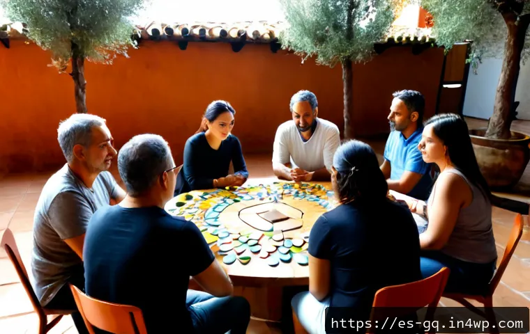 Home 17 의식적 선택 훈련 과정의 커뮤니티 빌딩 - Photorealistic community workshop in a sunlit Spanish neighborhood cultural center, diverse adult pa...
