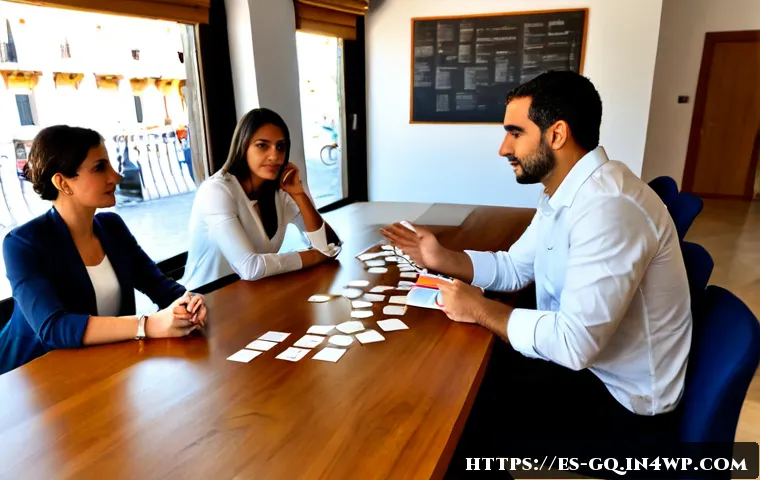 Home 17 의식적 선택 훈련과 팀워크 향상 - Photorealistic Spanish office team gathered around a clean wooden table, diverse adult colleagues co...
